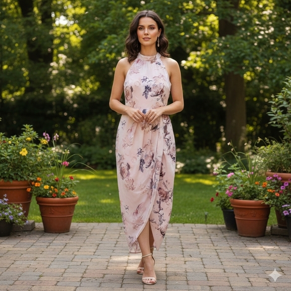 Suzy Shier Dresses & Skirts - Suzy Shier Women's Romantic Feminine Pink Floral Halter Rose Dress Size M